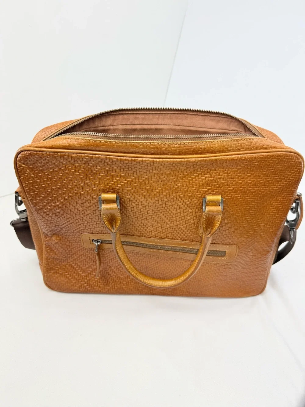Jos A Bank Brown Leather Woven Texture Double Handle Shoulder Strap Commuter Bag